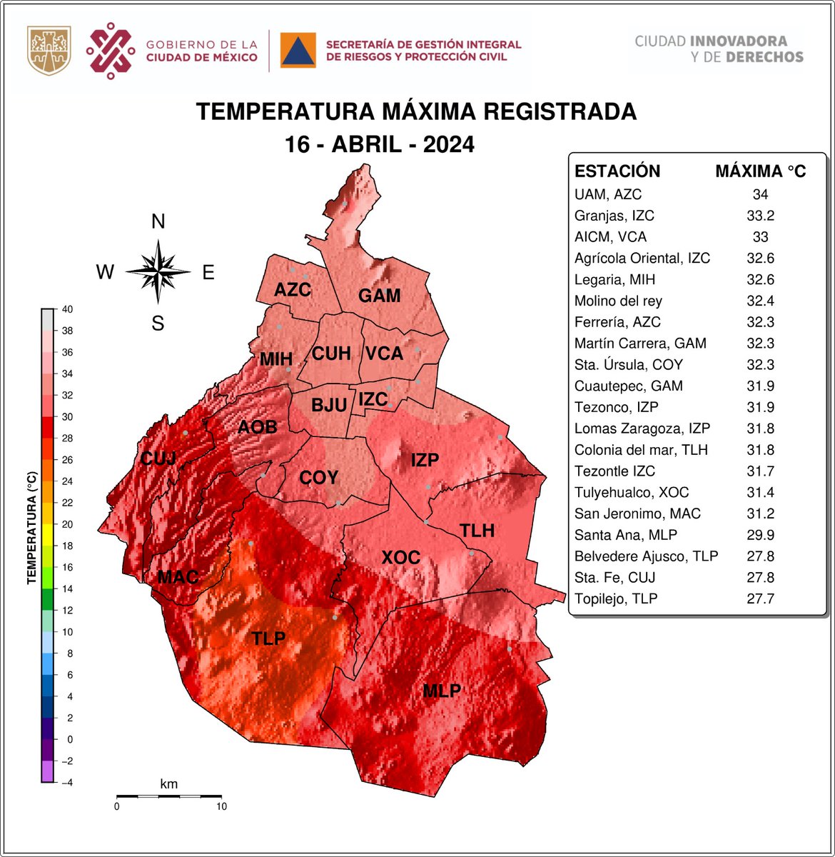 Distribución espacial de las temperaturas máximas registradas el 16/04/2024 por las redes de la SGIRPC, CONAGUA y SENEAM. #LaPrevenciónEsNuestraFuerza