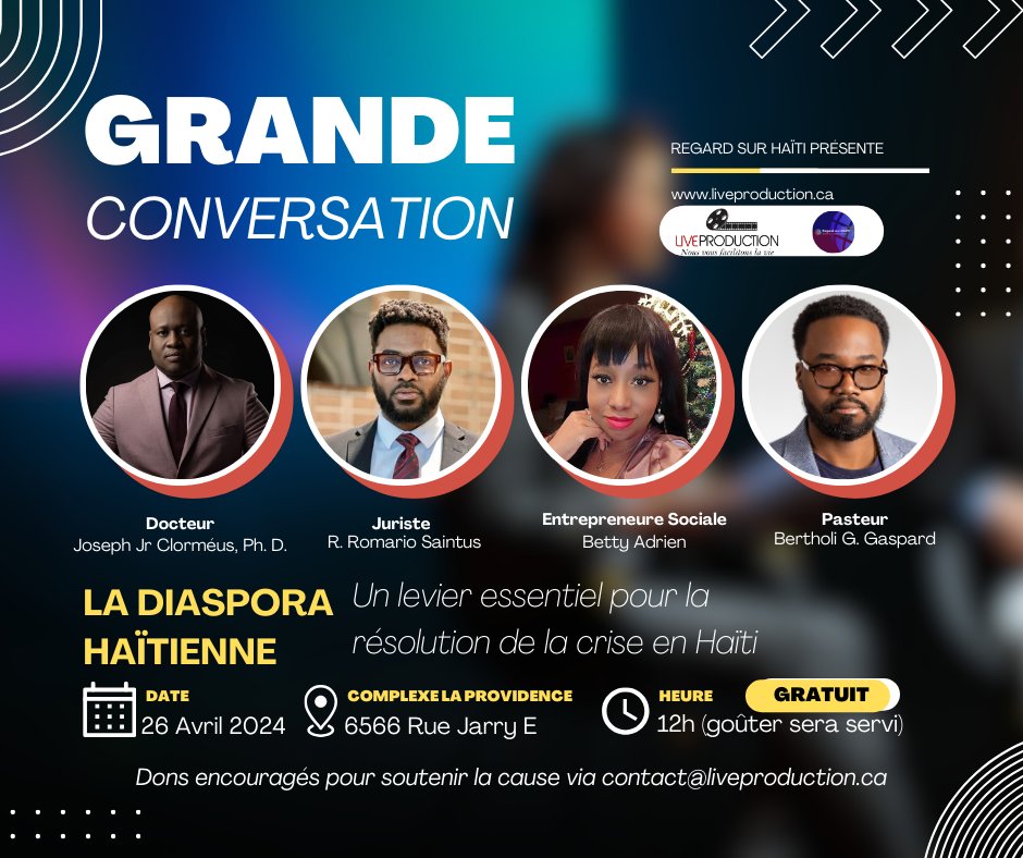 🇭🇹Nous avons le plaisir de vous inviter à une grande conversation sur le rôle crucial de la DIASPORA HAÏTIENNE dans la résolution de la crise en Haïti. 
Avec le 
-Dr <a href="/ClormeusJ/">Clorméus Joseph Jr</a> 
Lire la suite ⤵️ 
facebook.com/share/p/dGF2dG…

#haiti #RegardSurHaiti #liveproduction  #crise #insécurité