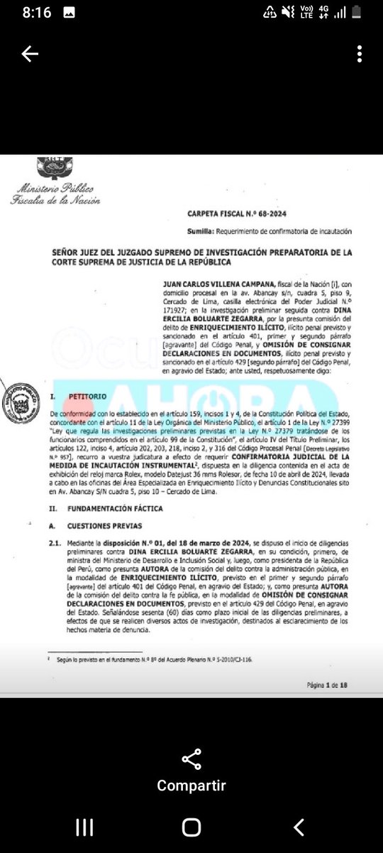 AlonsoRamosG's tweet photo. Exclusivo. Dina Boluarte tiene las horas contadas. Fiscal de la Nación, Juan Villena, anticipa acusación a presidenta por enriquecimiento, en documento donde pide confirmar incautación de los Rolex que usó mandataria. En el papel ya habla de sanciones para Boluarte. #OcurreAhora https://t.co/lA7Z4hlW3k