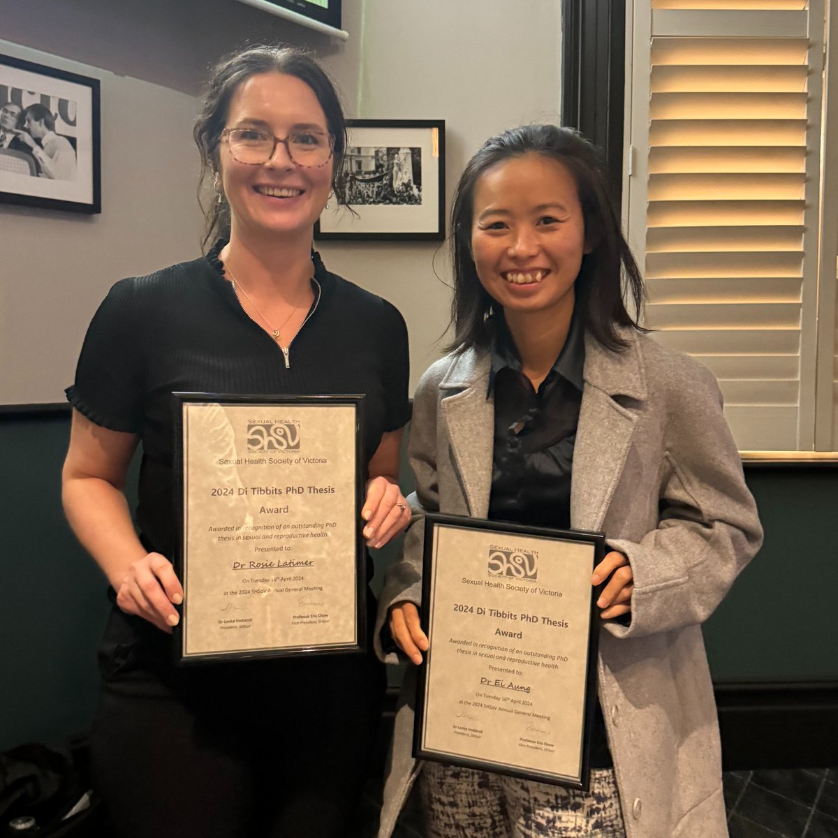 Congratulations to, Drs @rosie_lats & @Ei_2345, winners of the 2024 Di Tibbits Award for Best #Thesis in Sexual and Reproductive Health announced at the @SHSOV AGM last night! 🎉 Read on for more details of their research topics and proud supervisors... 🧵