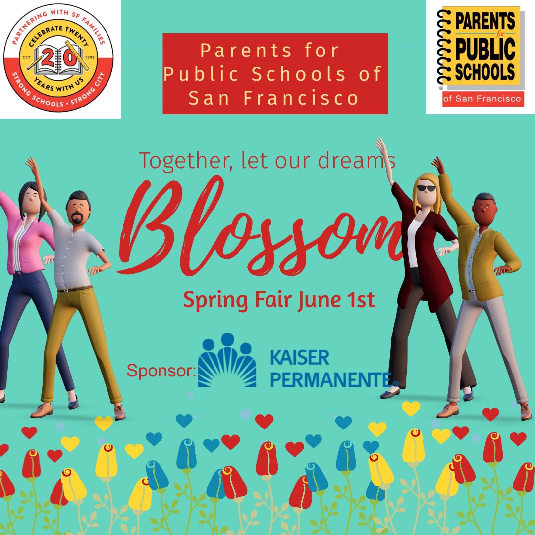 🌸🎉 Exciting news, San Francisco! 🎉🌸 Join us for the annual Spring Fair, organized by parents for our public schools! Proudly sponsored by Kaiser Permanente. 'Lets celebrate public schools and parent wellness' 🌼 #SpringFair #CommunityStrong #SupportOurSchools
