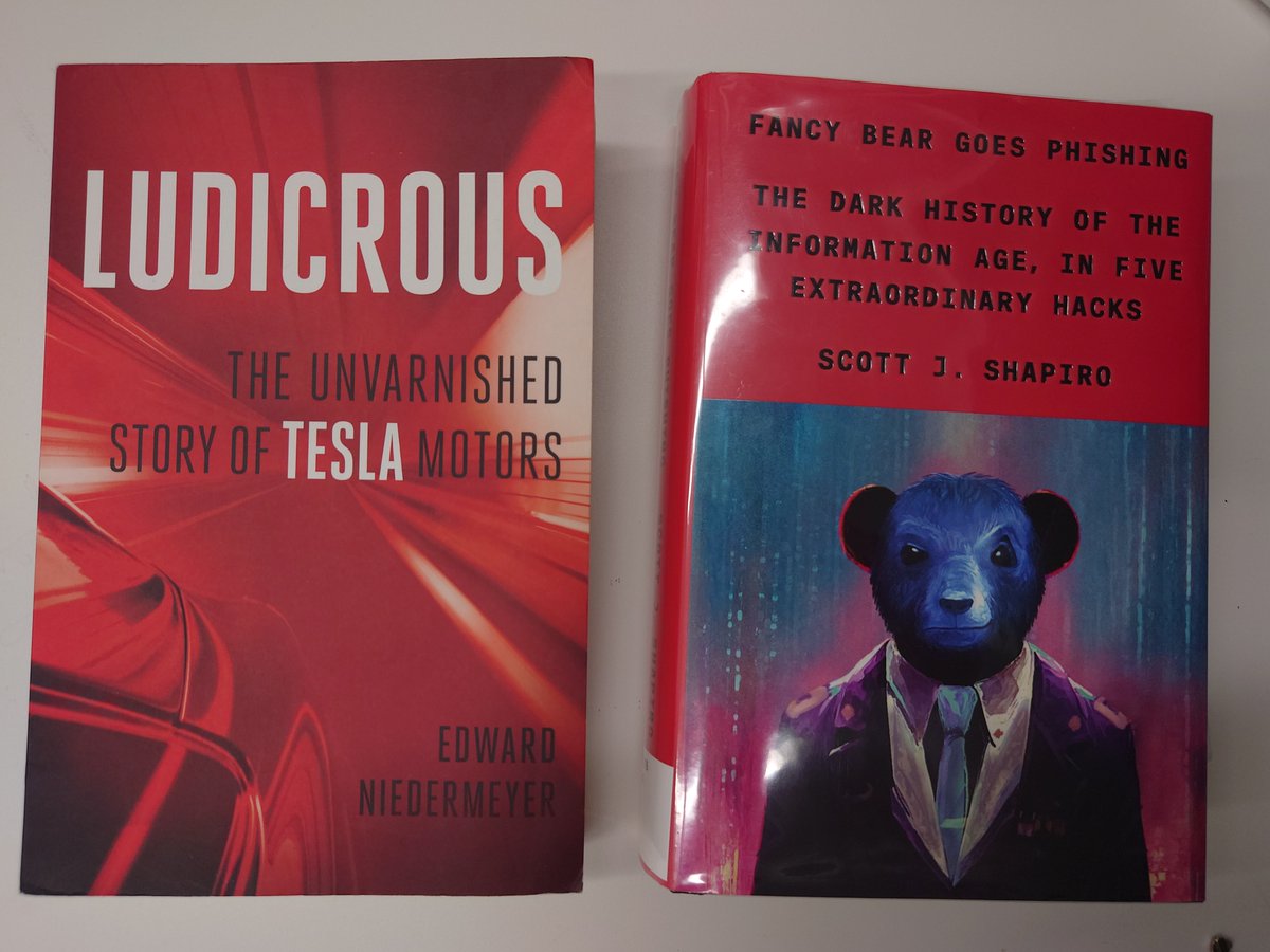 Here are 2 excellent books I much enjoyed discussing with my MBA students: 'Ludicrous: the unvarnished story of Tesla Motors' by @Tweetermeyer ; 'Fancy Bear goes phishing' by @scottjshapiro