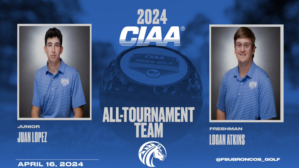 A day full of accomplishments! Junior Juan Lopez finished 3rd with a score of 213 (-3) and Freshman Logan Atkins finished 4th with 214(-2). Both were selected for the 2024 CIAA All-Tournament Team! Congratulations!🏌️‍♂️⛳️