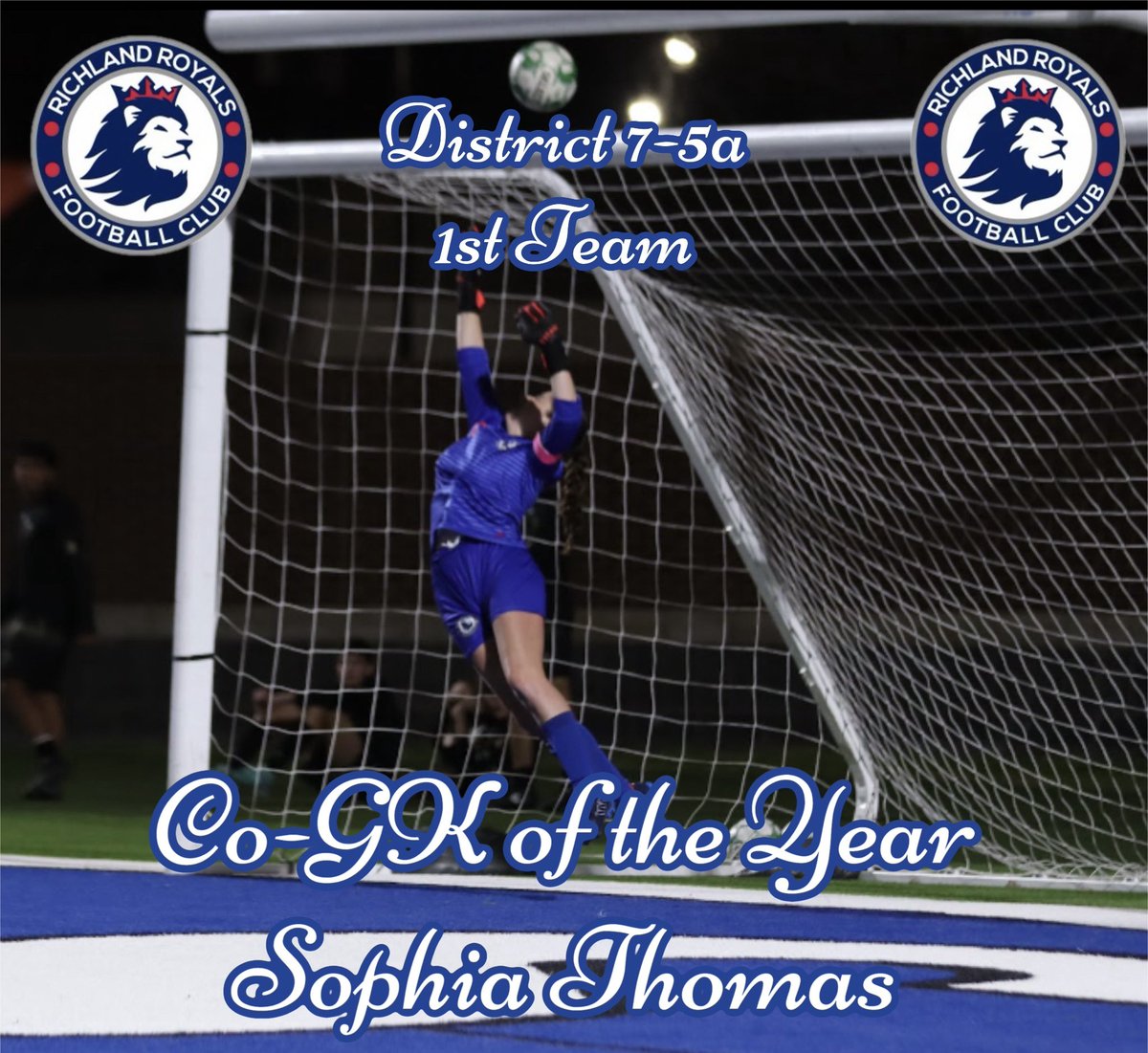 Congratulations to Sophia Thomas for earning 2024 District 7-5A 1st Team All-District and Co-GK of the Year! YNWA  @Gosset41 @dfwvarsity @LethalSoccer @DFW_Girls_HS_VS @tascosoccer @Richlandhigh @RoyalsSoccerRHS @BirdvilleISD