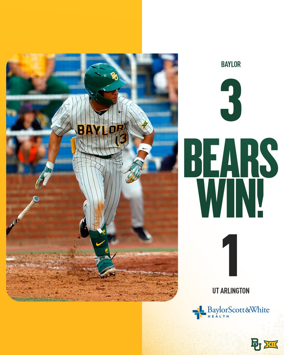 𝗠𝗶𝗱𝘄𝗲𝗲𝗸 𝗗𝘂𝗯! Bears collect their ninth win in the last 10 games behind a solid team performance! 👏 Kemp: 3-for-4, 2B Posey: 1-for-4, RBI Matheson: 2.2 IP, H, 3 SO Calder: 1.2 IP, H, 4 SO, W Andrade: 1.1 IP, H, 2 SO, SV #SicEm 🐻⚾️ | #Together