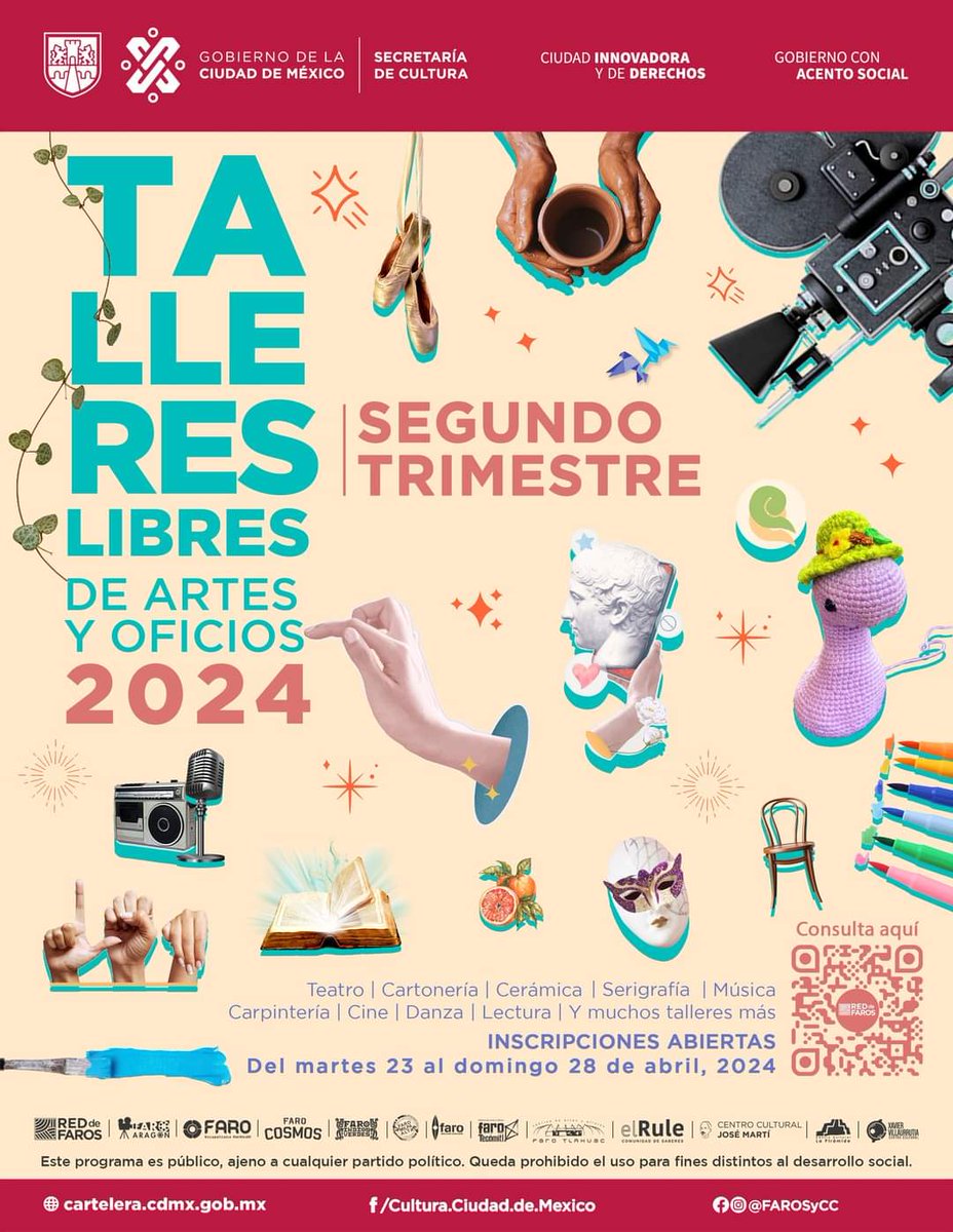 Estamos listos para dar comienzo al 2° Trimestre de los Talleres Libres 2024. Inscripciones comienzan el próximo martes 23 de abril en @FAROAzcapotzalcoXochicalli Consulta más información sobre talleres, horarios y disponibilidad en nuestras redes sociales. #TalleresLibres