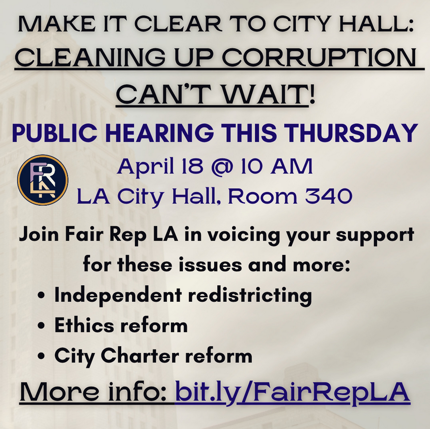FairRepLA's tweet image. The agenda is packed at this Thursday's meeting of the Governance Reform Committee, and we want to make sure your voice is part of the conversation. Find out more about what's at stake, what we're calling for, and how to participate at: bit.ly/FairRepLA