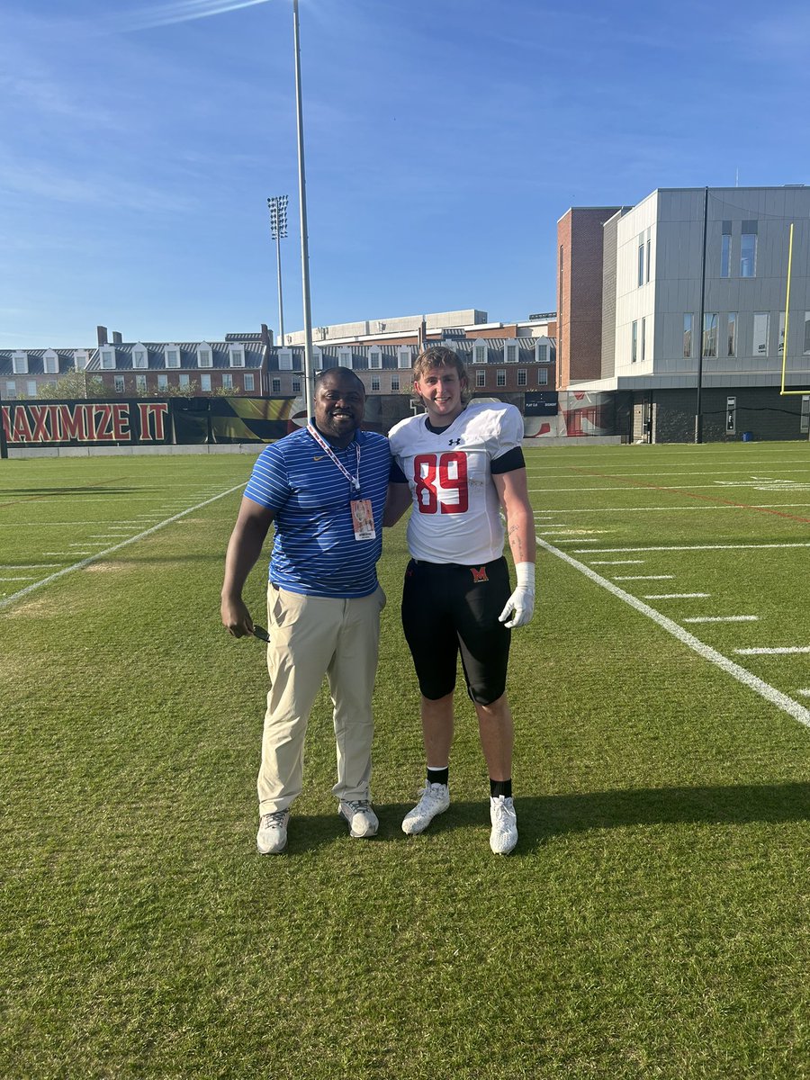 Great seeing former @TouchdownDons TE/DE @AJSzymanski3 live out his dream as a college football player during spring practice today @TerpsFootball. We are proud of you AJ! #rolldonsroll