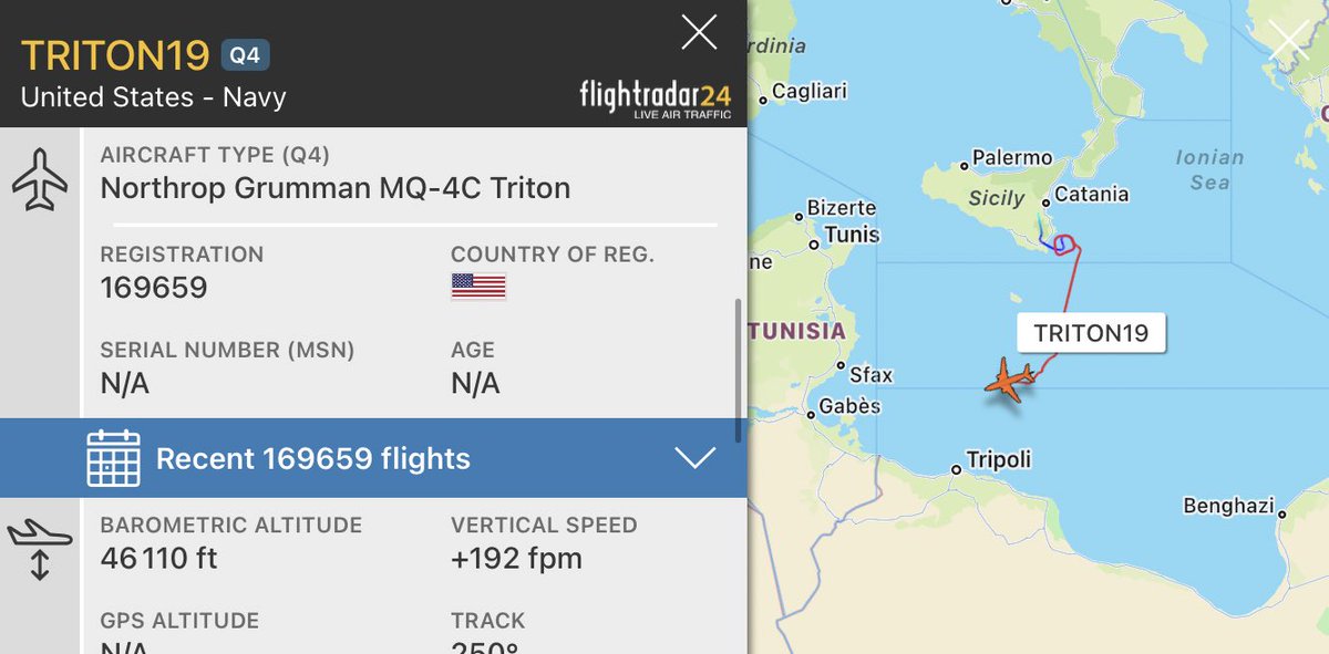 US Navy MQ-4C Triton Maritime Reconnaissance Drone as 'TRITON19' out of Sigonella NAS is out in the Mediterranean Sea. 

First deployment in the area 👀 (reg 169659)