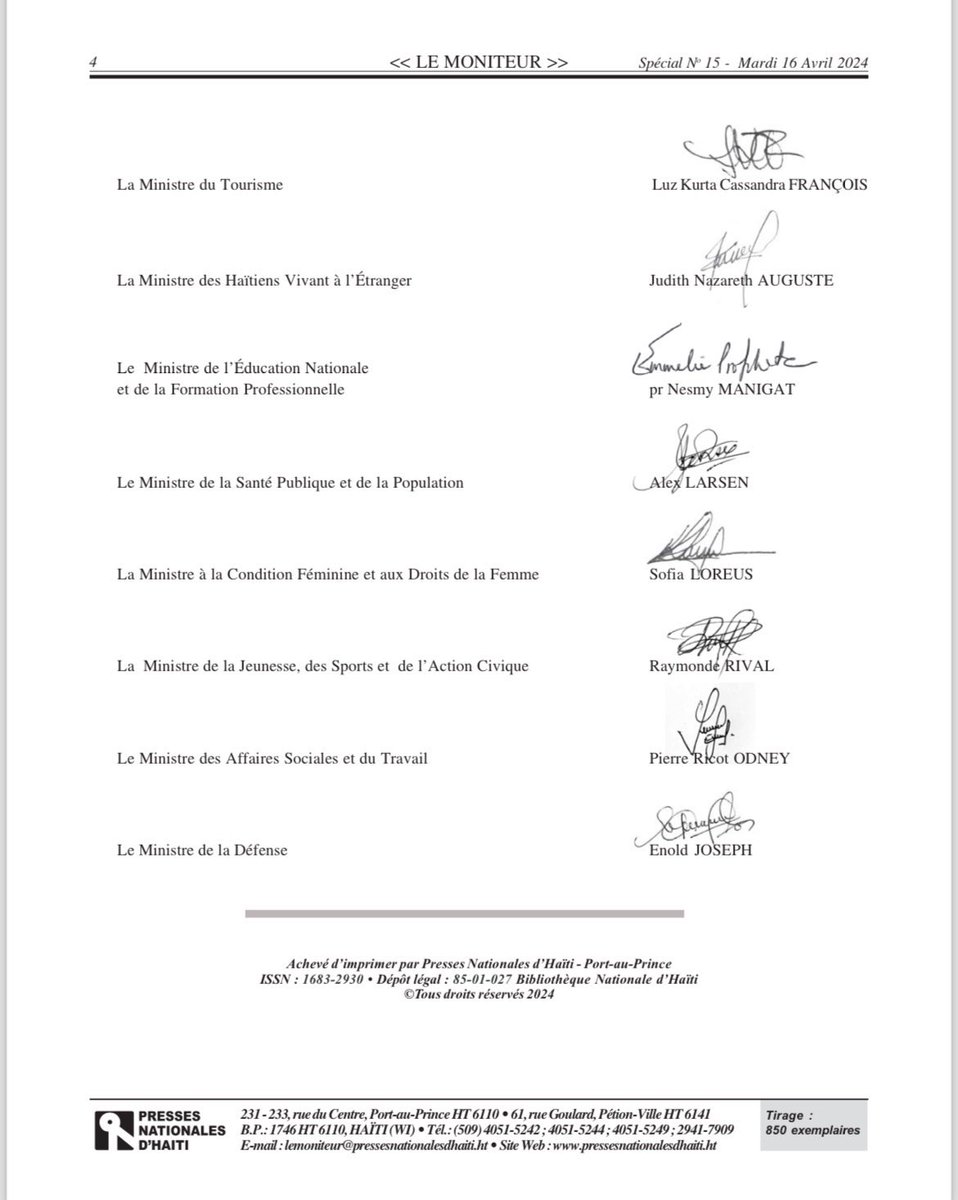 MCHaiti's tweet photo. Publication ce mardi 16 avril 2024, dans le journal officiel de la République, Le Moniteur, de l’Arrêté nommant les membres du Conseil Présidentiel de Transition (CPT). https://t.co/vZYbeRYZgh