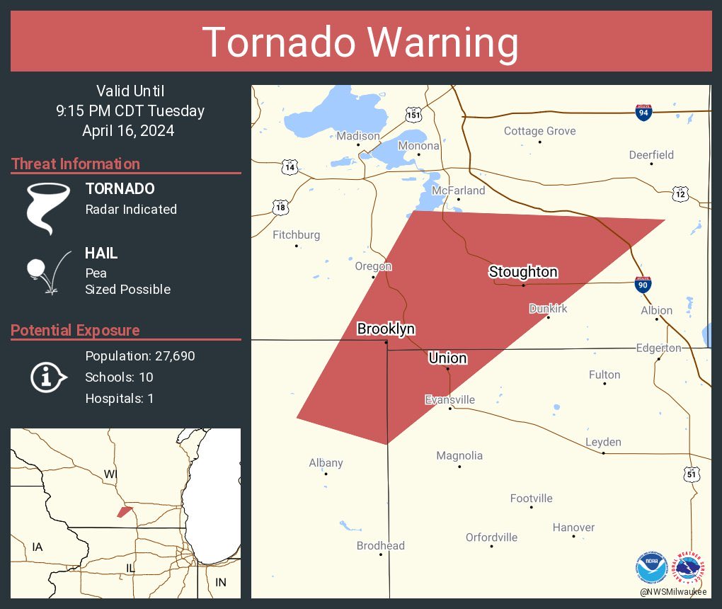 🌪️TORNADO WARNING issued for Brooklyn, WI, Union, WI and Stoughton, WI until 9:15 PM CDT🌪️

 839 PM CDT, a severe thunderstorm capable of producing a tornado was located near Brooklyn, or near Evansville, moving northeast at 55 mph.

Take shelter immediately! #wiwx #tornado