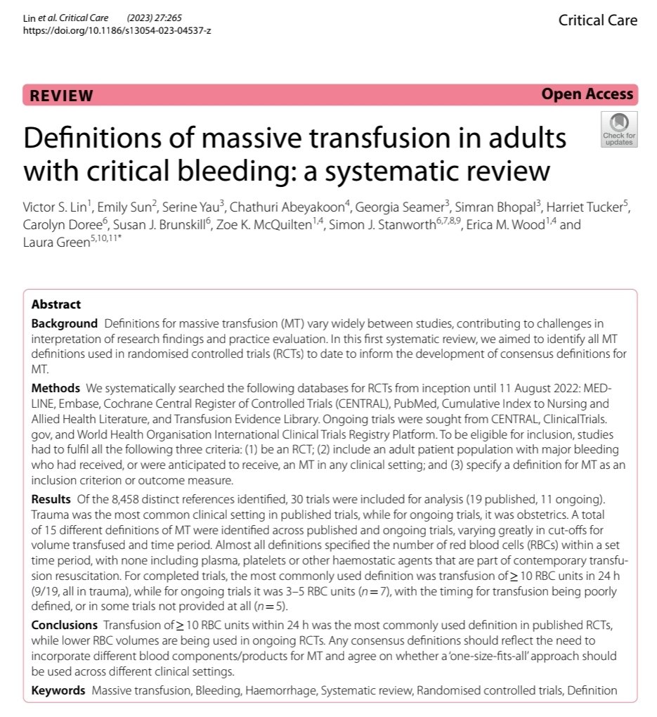 What defines a massive transfusion? It turns out there is no universal definition. This systematic review evaluated massive transfusion definition in RCTs, and here's some definitions: >=10 units PRBC in 24h* >=3 units PRBC in 1h >=6 units PRBC in 24h >=4 units PRBC in 6h >=5