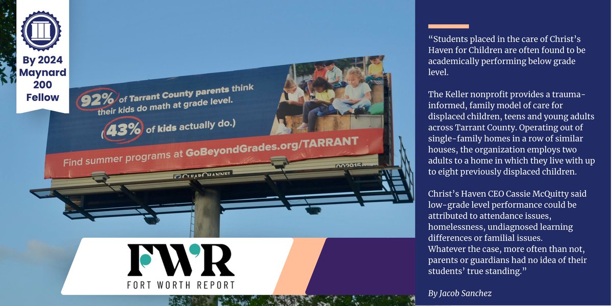 For the Fort Worth Report (@FortWorthReport), 2024 #Maynard200 fellow Jacob Sanchez (@_jacob_sanchez) (and Matthew Sgroi, @MatthewSgroi1) wrote about falling grades, misreporting of student success data, and options for parents in Tarrant County. fortworthreport.org/2024/04/09/mos…
