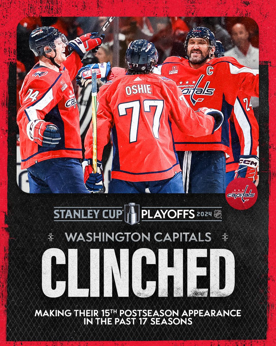 After much back-and-forth in the Eastern Conference in the past month, it’s the @Capitals who clinched the League’s final berth in the 2024 postseason and look to hoist the #StanleyCup for the second time in franchise history (2018). #NHLStats: media.nhl.com/public/news/17…