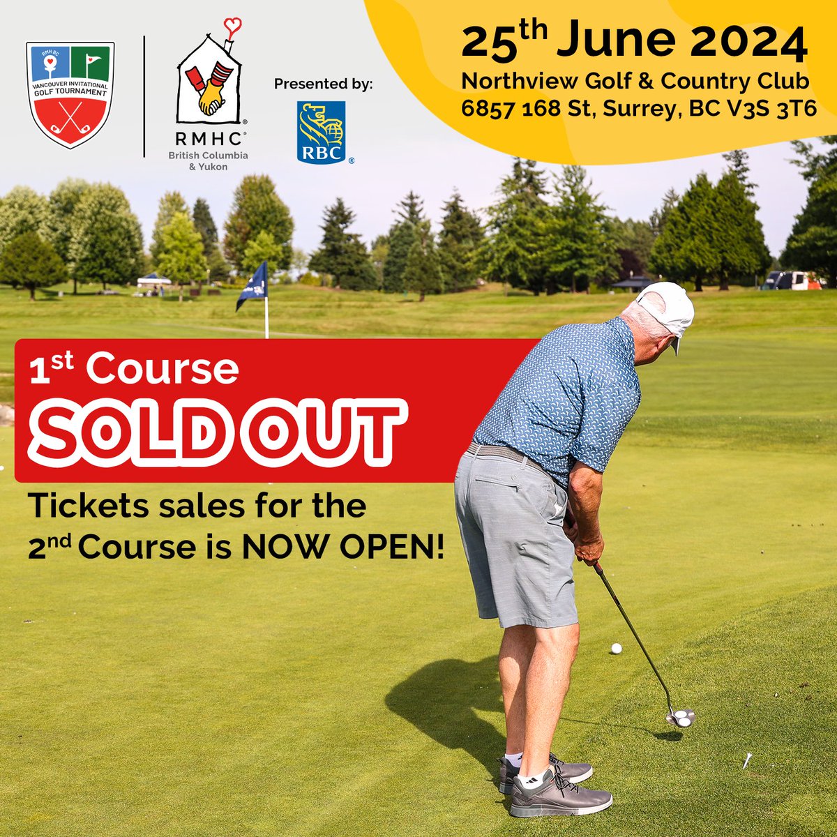 🏌️‍♂️ Join the 36th Annual Vancouver Invitational Golf Tournament! 1st Course Tickets: SOLD OUT! 2nd Course Tickets: Now Open! Register here: bit.ly/3Pokfa5 🎫 By participating, you’re making a difference for families with sick children staying at the RMHBC. 🏡❤️