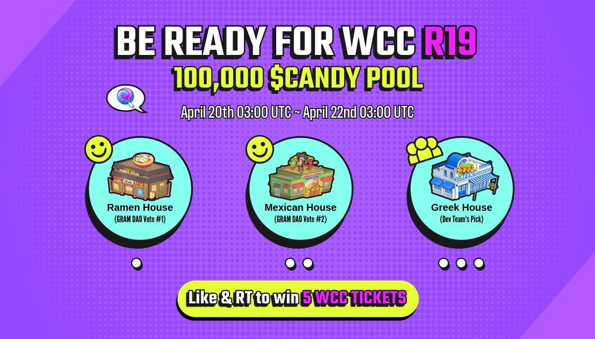 gram_voyage's tweet photo. 🏆Restaurants for #WCC Round 19🏆

Get your restaurants and costumes ready to win from the 100K $CANDY prize pool🍭

Get ready at https://t.co/gjqixNczak 
🚩 Like &amp; RT this tweet
🎁 10 winners (5 WCC Tickets each)
📣 Winners: Apr 19th https://t.co/Sw1KkSPSZI