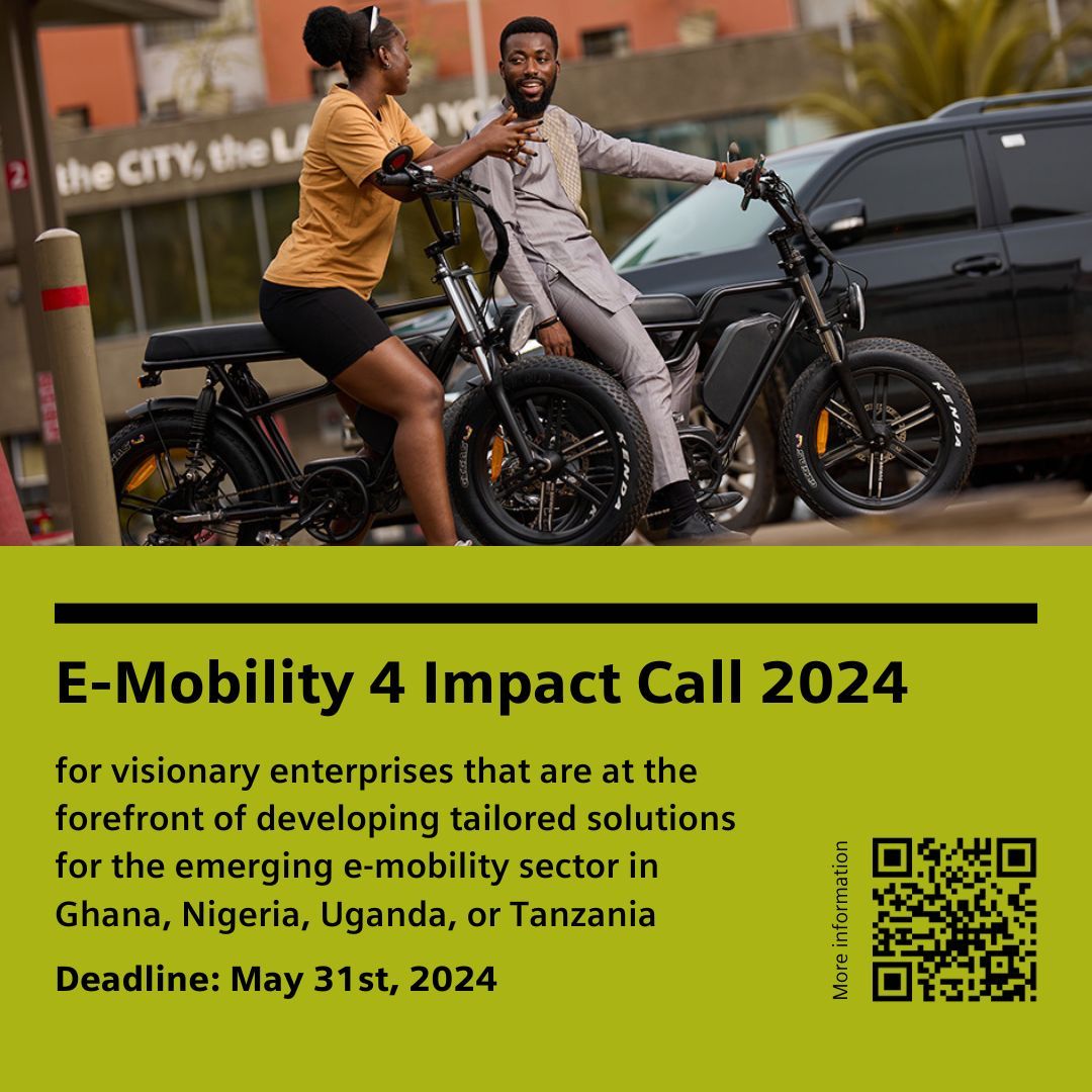 ⚡ Siemens Stiftung seeks e-mobility projects in East and West Africa. If you're driving change in Ghana, Nigeria, Uganda, or Tanzania, apply by May 31: Application details here: bit.ly/3xCSa99 #EMobilityAfrica #SiemensStiftung #ApplyNow