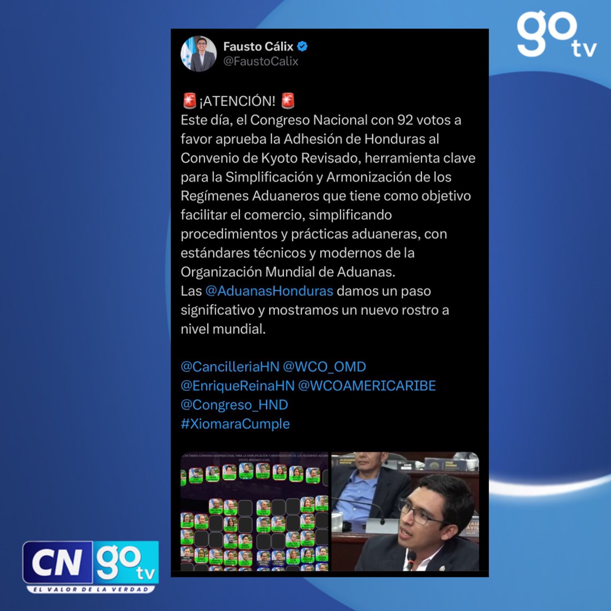 gotvhonduras's tweet photo. #CNGOTV 🔴Director Ejecutivo de Aduanas Honduras, @FaustoCalix anuncia la Adhesión de Honduras al Convenio de Kyoto Revisado (CKR).
#FaustoCalix #CKR #Honduras https://t.co/xXVteMeetu