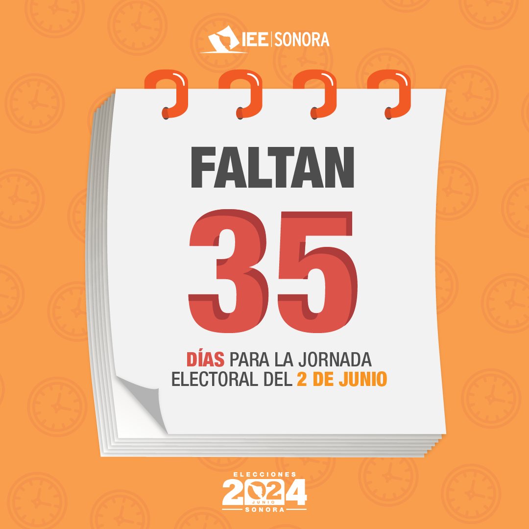 ¡Faltan 35 días para la jornada electoral! 🗳️ Recuerda que con cada voto se construye la democracia.

#VotarSíImporta #EleccionesSonora2024