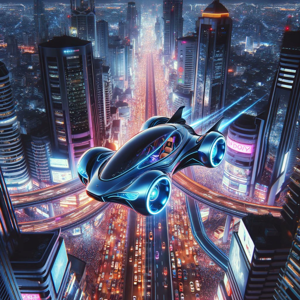 Riding into the future! 🚀✨ Behold the sleek elegance of this futuristic flying car, soaring above the neon-lit streets of a bustling cityscape. #FuturisticCar #FlyingHigh #Cityscape #NeonLights #UrbanLife #FutureTech #NightRide