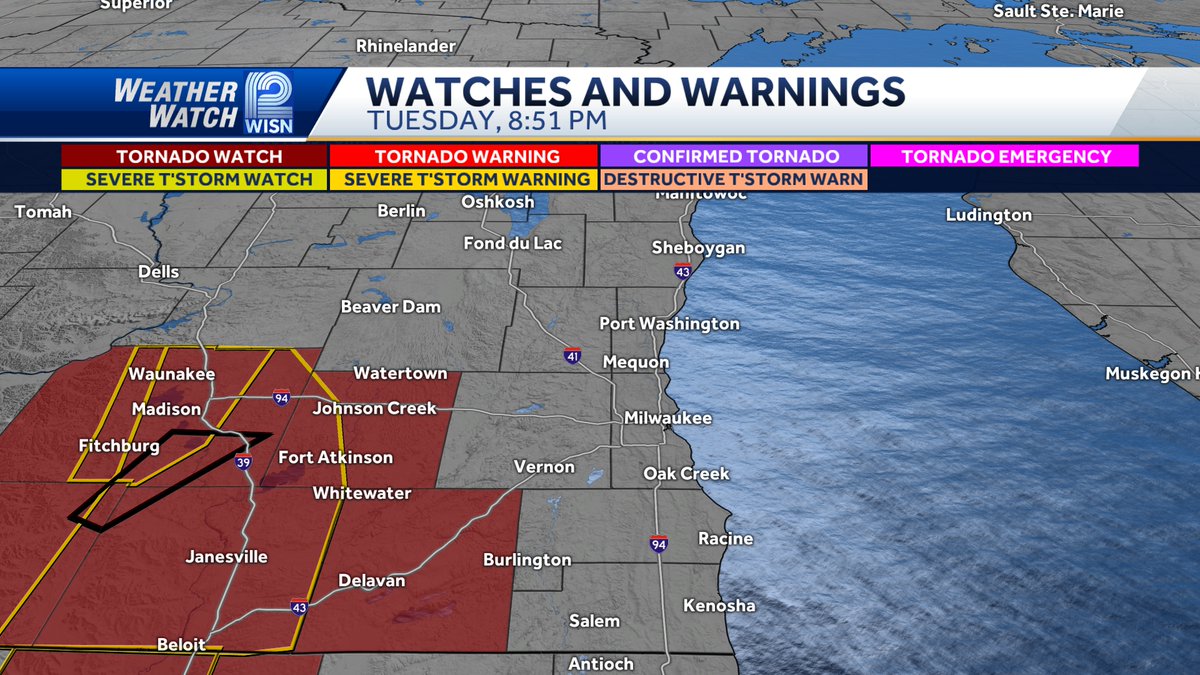 Tornado watch extended into Jefferson and Walworth Counties until 10 PM. A severe thunderstorm warning has been issued for parts of Jefferson County until 9:30 PM.