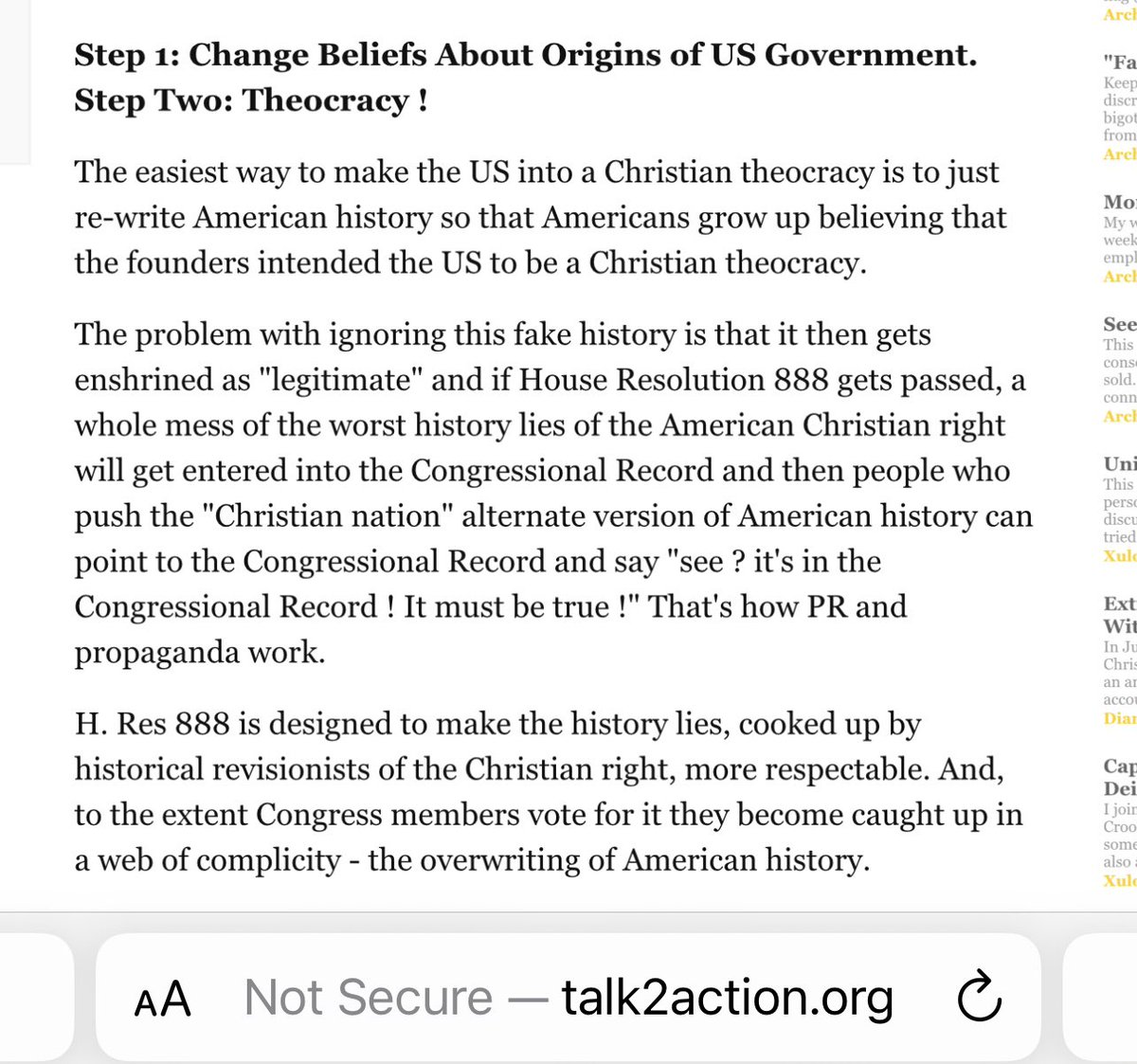 “The easiest way to make the US into a Christian theocracy is to just re-write American history so that Americans grow up believing that the founders intended the US to be a Christian theocracy.” @brucewilson for Talk2Action 1/5/2008 3/ tinyurl.com/mrd8fer4