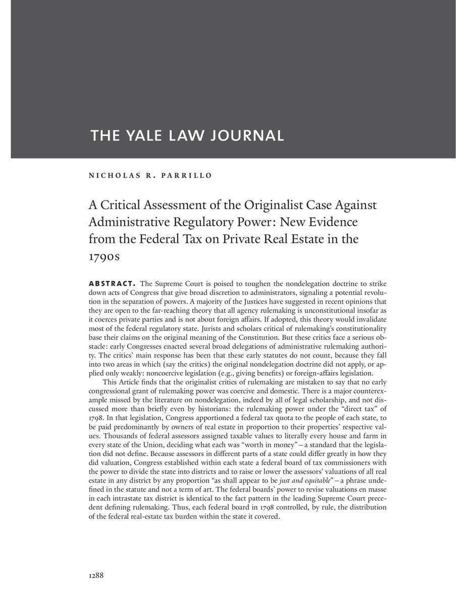 A Critical Assessment of the Originalist Case Against Administrative Regulatory Power: New Evidence from the Federal Tax on Private Real Estate in the 1790s - PDF: yalelawjournal.org/pdf/Parrillo_y…

Dataset: doi.org/10.7910/DVN/IG….

#ADMINISTRATIVELAW • #CONSTITUTIONALLAW