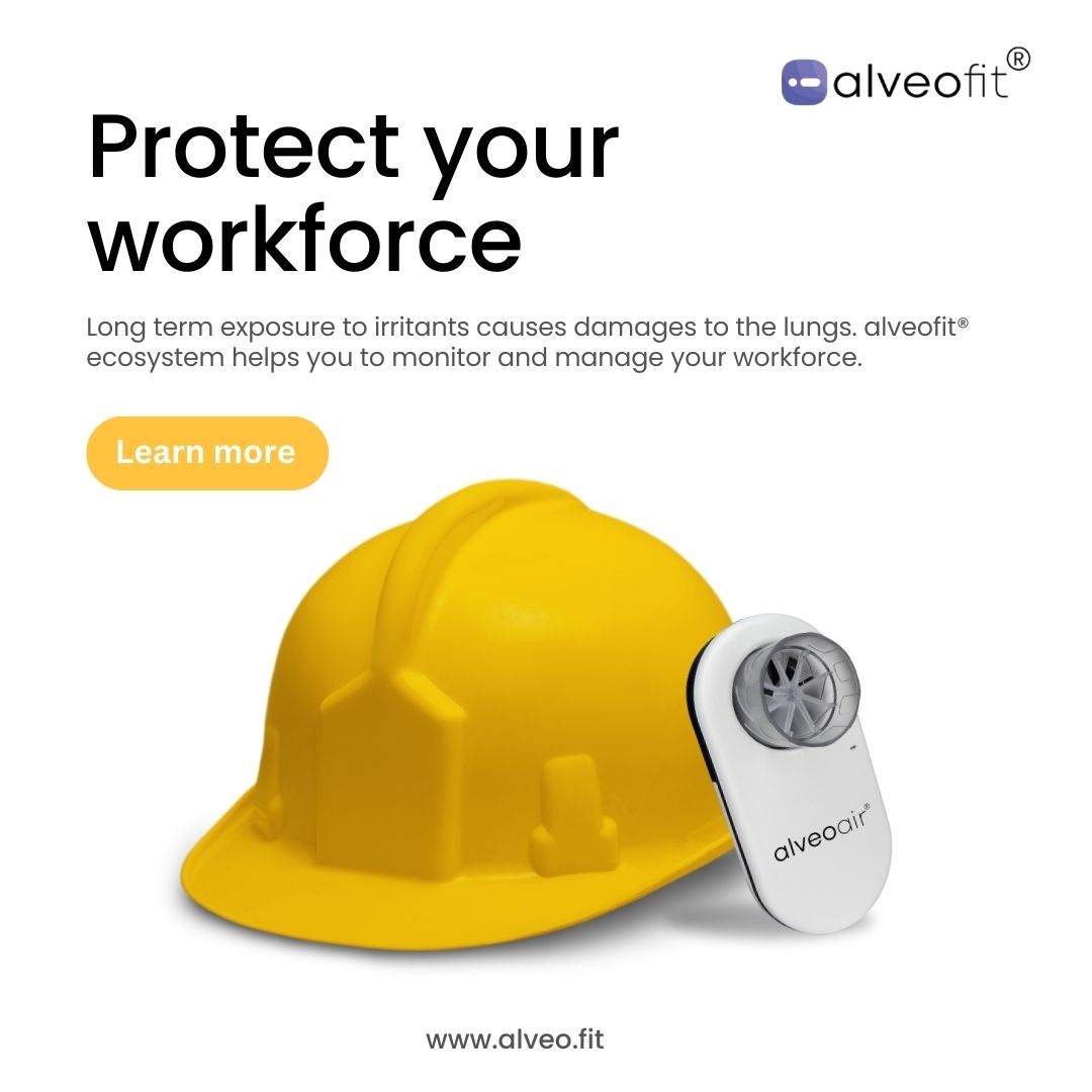 Protect your workforce from long-term lung damage with alveofit® ecosystem. Monitor and manage respiratory health effortlessly. Safeguard your team's well-being, every breath of the way. #RespiratoryHealth #WorkforceWellness #alveofit