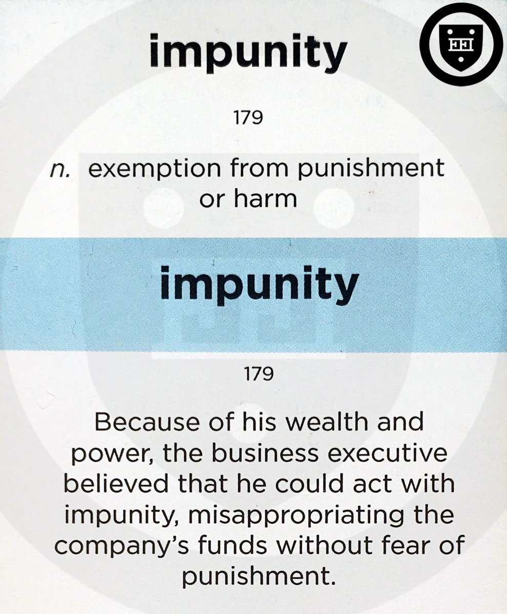 Impunity

[ im-PYOO-ni-tee ]

(n.) exemption from punishment or harm

#vocabulary #WordoftheDay