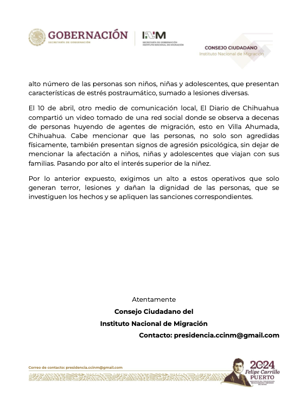 #Comunicado 009/2024 El Consejo Ciudadano del @INAMI_mx exige un alto a la violencia, en todas sus formas, contra las personas en contexto de movilidad.