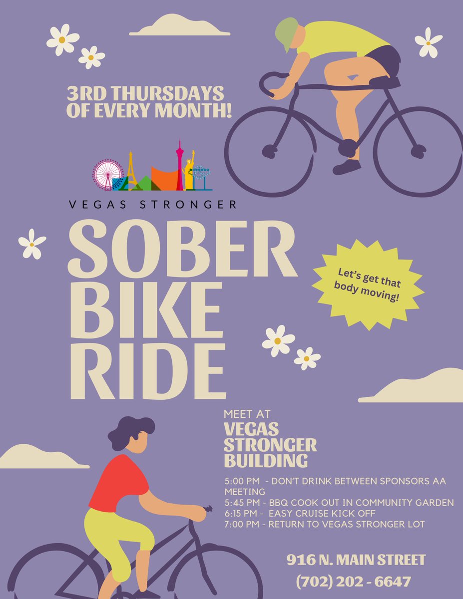 Our Sober Bike Ride is happening THIS THURSDAY.  See you there 🎉

*minors must have adult guardian with them

#LasVegas #SoberBikeRide #VegasStronger #AAmeeting #CommunityGarden #EasyCruise #SoberLiving #SoberCommunity #SoberFun