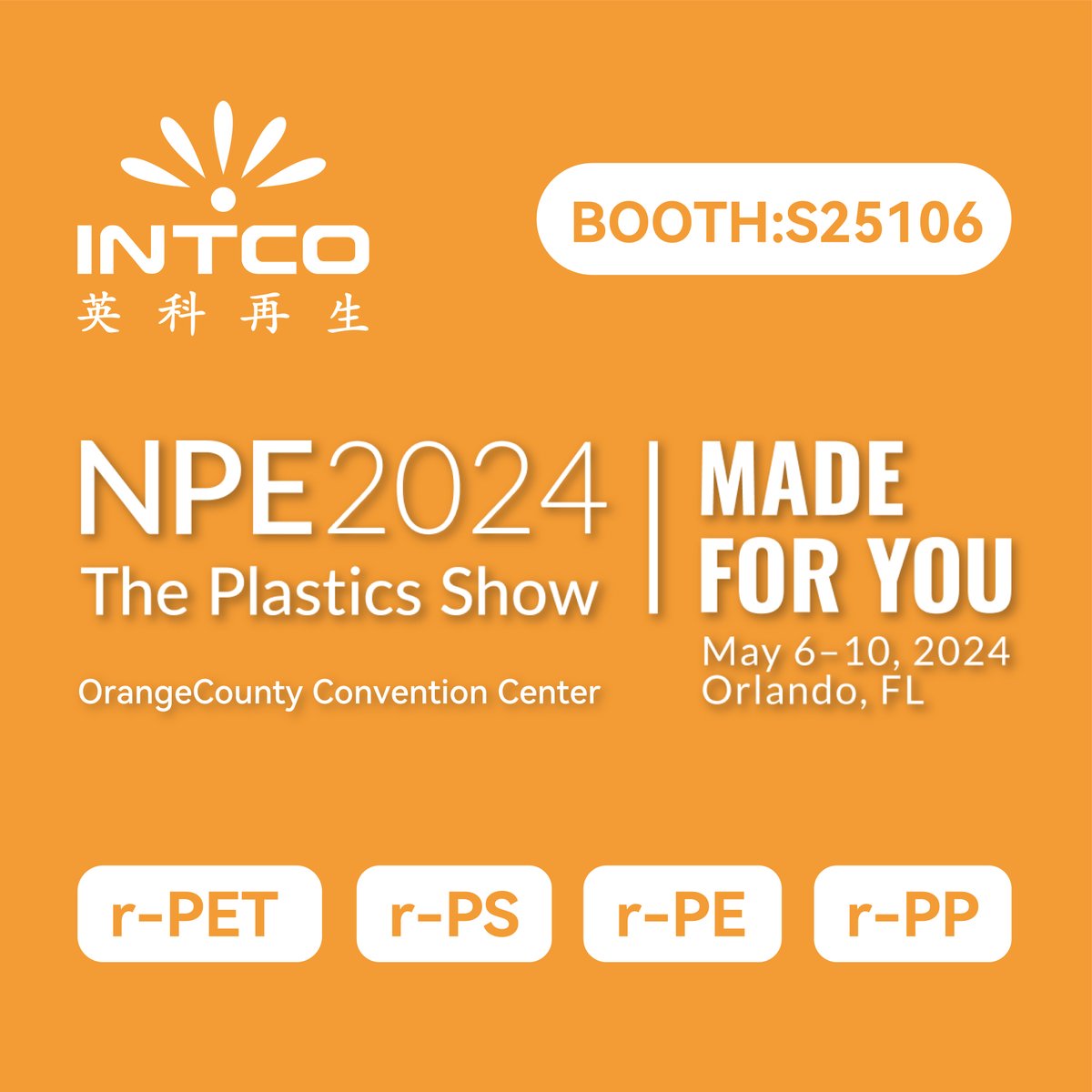 Join @intcoplastics at NPE 2024, The Plastics Show!
Explore cutting-edge innovations, network with industry leaders, and shape the future of recycled plastics. 
#NPE2024 #recycledplastic 
⏰Date: May 6 - 10th
📍Venue: OrangeCounty Convention Center, Orlando, FL
🎀Booth: S25106