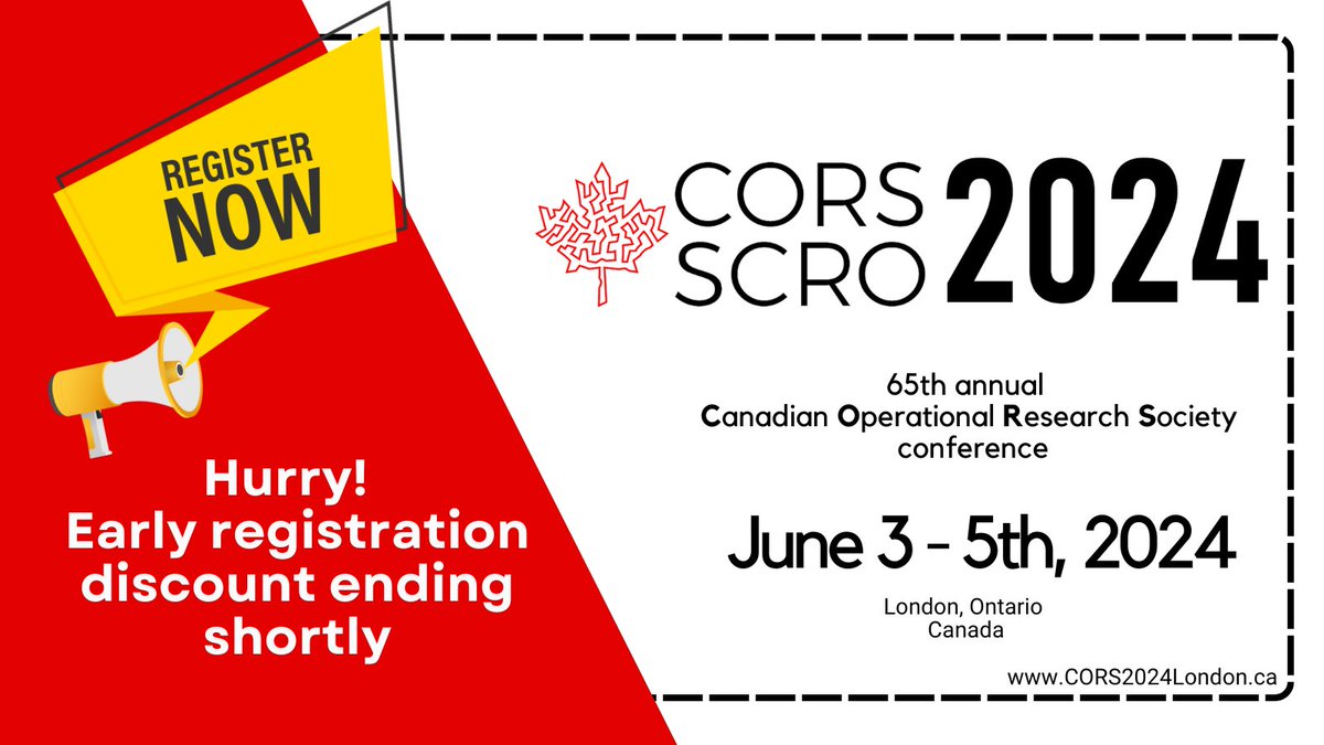 🚨 Attention! 🚨
The clock is ticking on #CORS2024 Early Bird registration! 🐦⏰
Haven’t registered yet? 
Now’s your chance to secure your spot at a discounted rate before Early Bird pricing ends on April 19th.
🔗 Register now: CORS2024London.ca 
#ManagementScience #ORMS