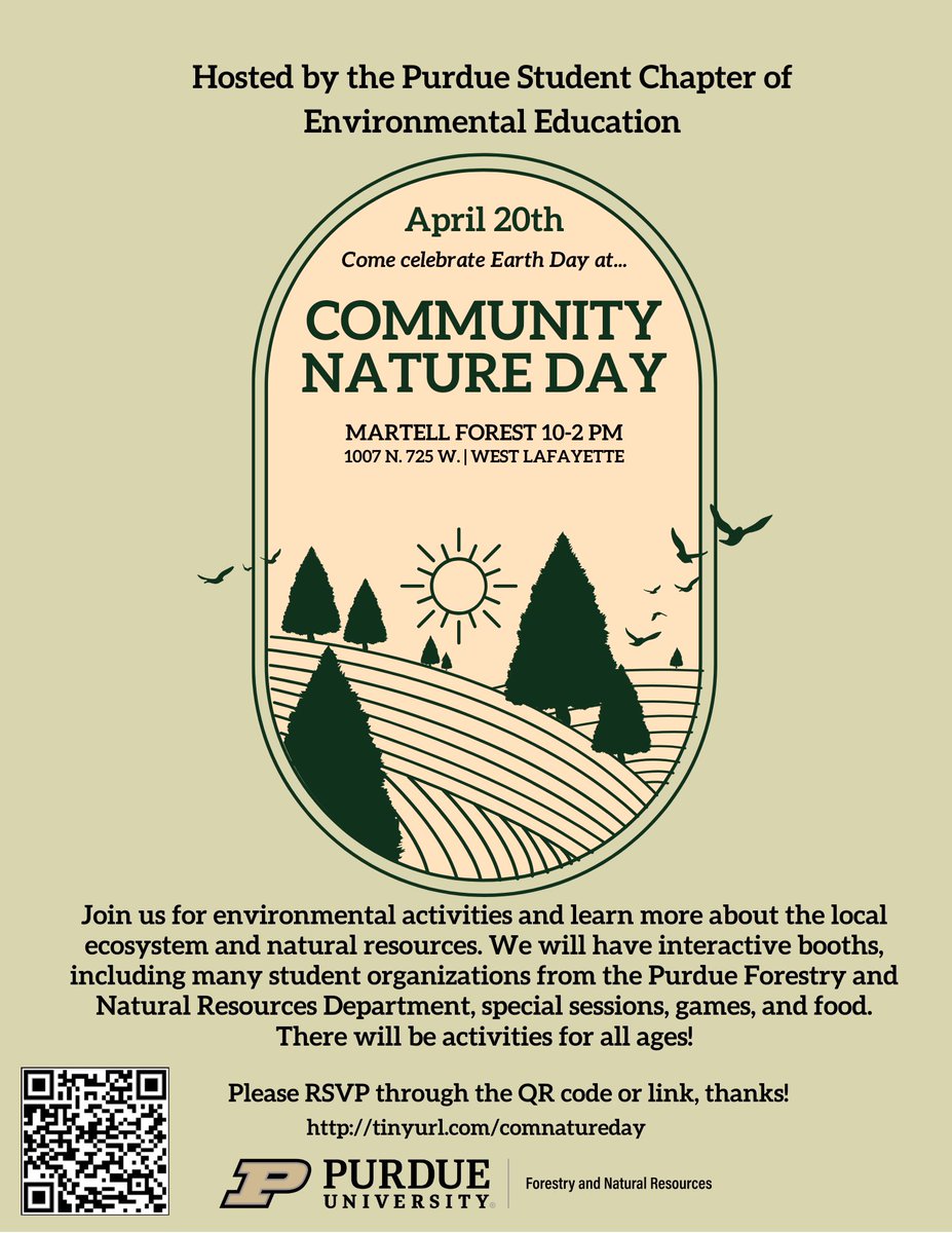 Purdue's Student Chapter of Environmental Education is hosting Community Nature Day on April 20th from 10 AM – 2 PM EST. The event is focused on environmental education and the promotion of Martell Forest to the Purdue community. Please RSVP at the #linkinbio.