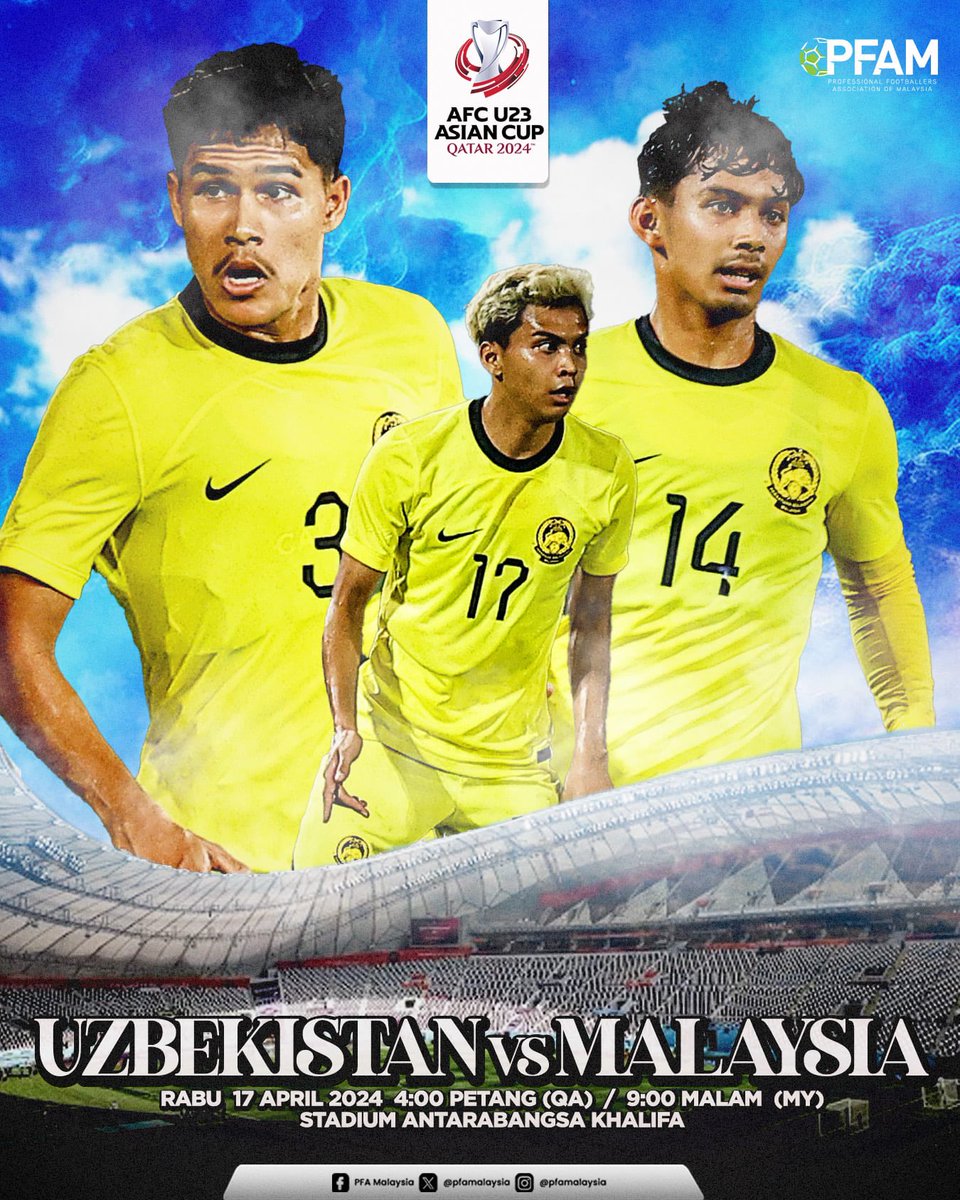 Selamat Maju Jaya buat pasukan kebangsaan untuk perlawanan Piala Asia B-23 2024 Qatar petang ini menentang Uzbekistan jam 4:00 petang (QA)/9:00 malam (MY) di Stadium Antarabangsa Khalifa 🐯🇲🇾 #PFAMalaysia #SupportingThePlayers #BuildingTheGame #AFCU23