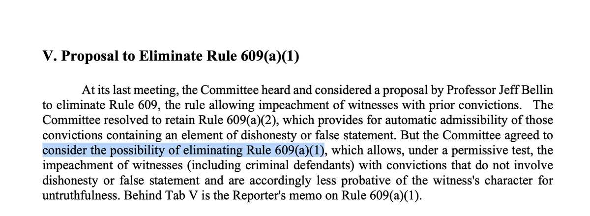 This Friday, the Advisory Committee on the Federal Rules of Evidence will consider @BellinJ’s proposal to reform Rule 609. Put simply, it’s excellent. And, if adopted, the amendment would constitute the most significant improvement to the Federal Rules in decades. A (long) 🧵