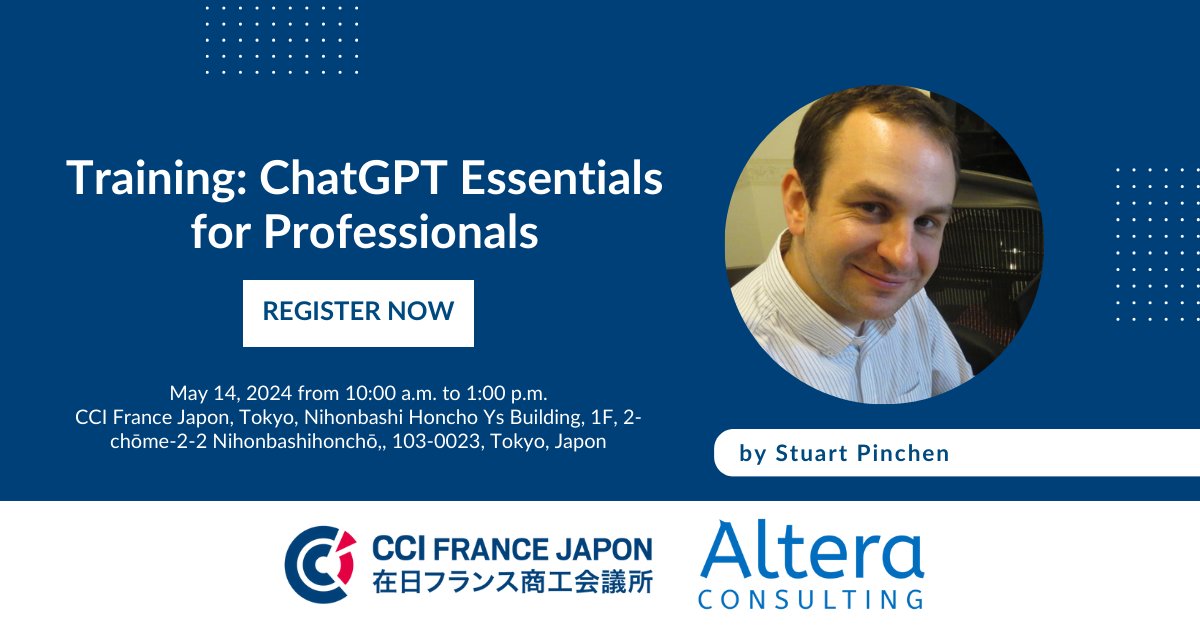 Altera_DX's tweet photo. 🚀 ChatGPT Essentials for Professionals 🚀

Limited seats are available!

🗓️ Date: May 14, 2024
⌚ Time: 10:00 AM - 1:00 PM (JST)
📍 Venue: L'espace@CCIFJ

Registration page: https://t.co/nU1uDfD7fk

#ChatGPTTraining #DigitalTransformation #AlteraConsulting #CCIFJ #TokyoEvents https://t.co/v59KRrMppV
