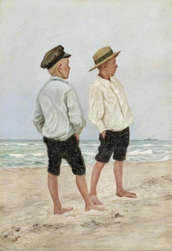 And now for something completely different..

To drenge på stranden i Skagen 1906
(Two boys at the beach..)
Oil on canvas

Caroline Emilie Mundt

Danish | 1842 - 1922