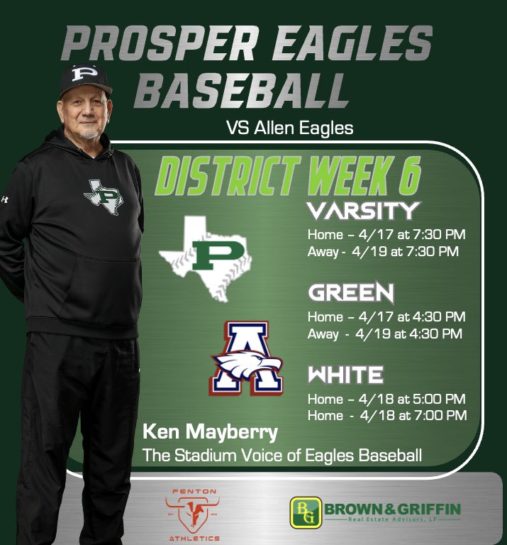 ThePHSBaseball's tweet image. Prosper Eagles Baseball enters the 6th week of District play against the Allen Eagles. Below are the schedules for the week. We look forward to some competitive games with all three teams and seeing you out there for our home and away games.
 
#Details212
#UncommonMen