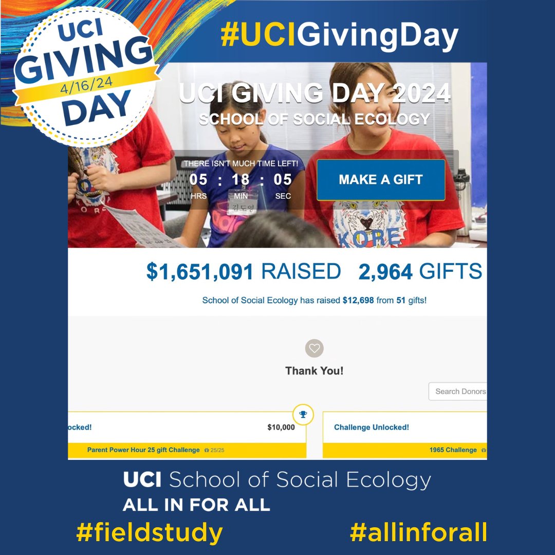 The @UCIrvine School of @Social_Ecology thanks everyone who donated (and continues to donate) on this blessed #UCIGivingDay - and who you can find listed on our Donor Wall (although some are anonymous). tinyurl.com/Thank-You-Dono… #fieldstudy #allinforall