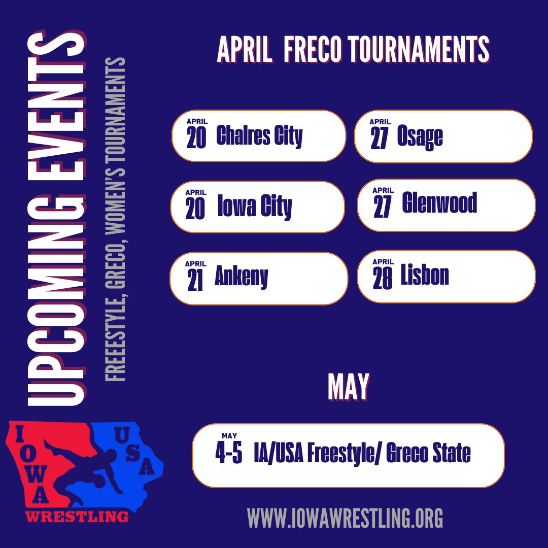 Just 2 weekends left to get your practice in before IA/USA Freestyle and Greco State! ❗Tournaments this weekend: Saturday April 20th: ➡️Charles City- docs.google.com/document/d/1Me… ➡️IowaCity-bit.ly/49E4ROm Sunday April 21st: ➡️Ankeny- bit.ly/3Jmfz15
