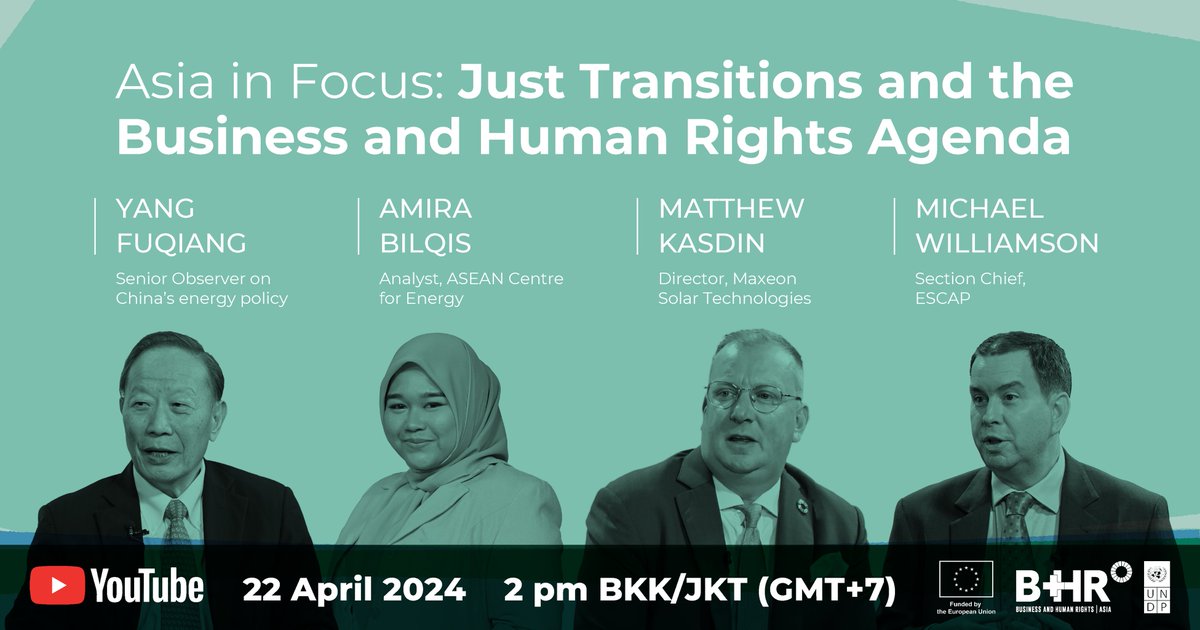 🗓️ Join us on #EarthDay2024, April 22, for the next installment of Asia in Focus: Just Transitions and the Business & Human Rights Agenda!

Don't miss out on the lively debate w/ experts from the region.

Set your calendar here 👉 evt.to/eaeaodsew

#bizhumanrights