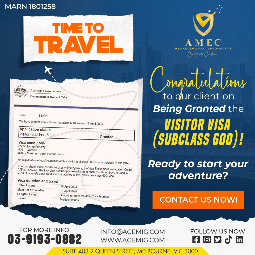 🎉 We're delighted to announce that our client has been granted the Visitor Visa (Subclass 600)! Congratulations on this exciting milestone! 

#VisaGranted #AdventureAwaits #TravelWithEase #Congratulations #ClientSuccess #migration #australia #melbourne #migrationagent