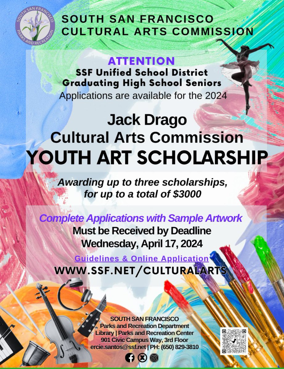 ❗️LAST CALL❗️The Cultural Arts Commission is awarding up to three scholarships, for up to a total of $3,000 SSF Unified School District graduating high school seniors who have shown achievement in the arts and plan to continue the study of art. Learn more: ssf.net/culturalarts