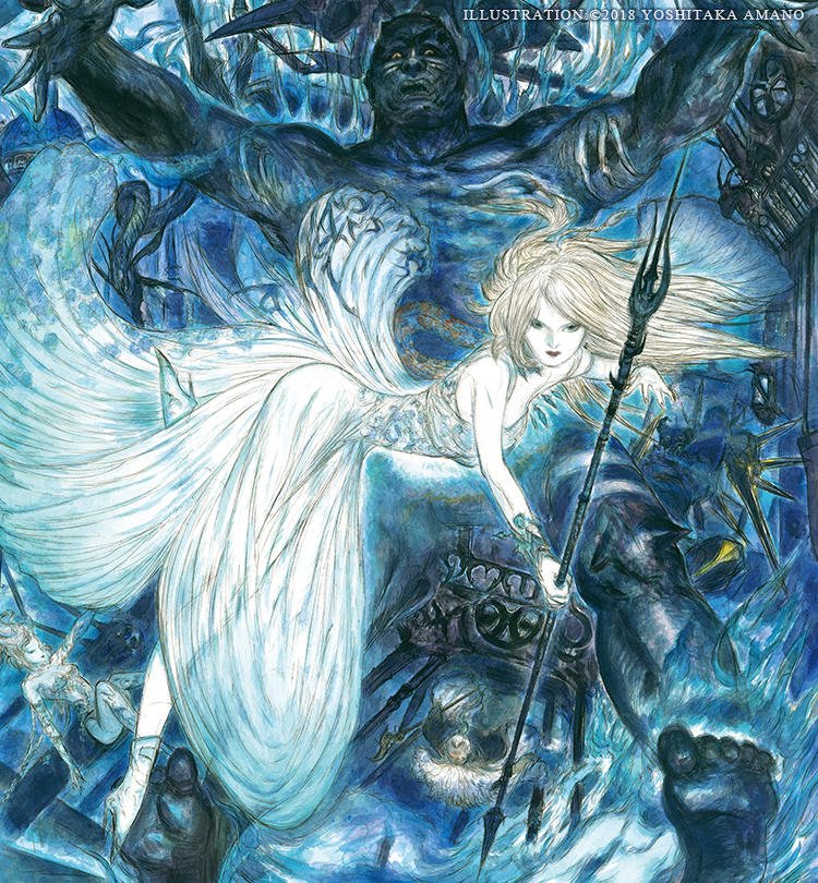 My personal favourite Final fantasy Art by Amano is the final fantasy XV royal edition alternative cover of luna freya.