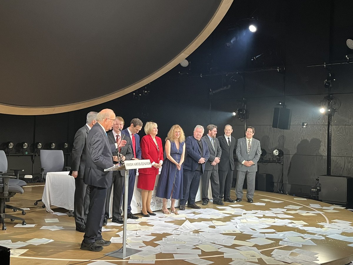 Senator George Mitchell, with the cast and crew of Agreement at the close of tonight’s opening of #Agreement, sharing his experience and admiration “for the men and woman who reached that agreement…they were ordinary human beings”, inspiring hope for all in attendance.