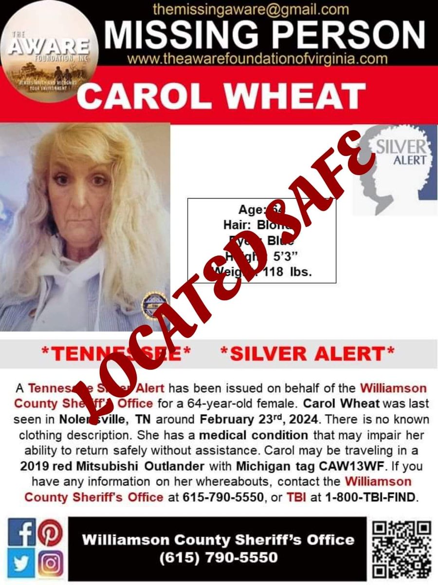 UPDATE: Ms. Wheat has been located and is SAFE.  Thanks again for your help. #TheAWAREFoundation