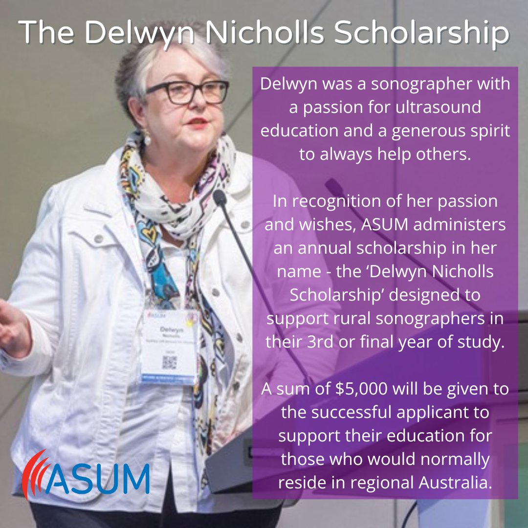 ASUM is privileged to administer a student #sonographer scholarship for Dr Delwyn Nicholls estate. The scholarship is designed for rural Australian sonographers in their 3rd-final years of study, and provides $5000 to support their education. Read more - asum.com.au/awards-of-exce…
