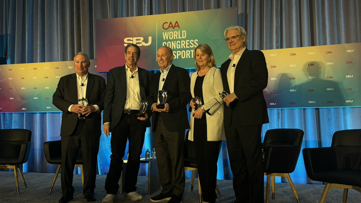 LeslieAnneWade's tweet photo. - @SBJ CHAMPIONS - @American_Conf commissioner, Mike Aresco; @espn architect/past prez #ABCSports, president @GeniusSports, Steve Bornstein; @Dodgers Stan Kasten and agents #StephanieToleson #PeterJohnson who invented it all with Mark McCormack’s IMG. https://t.co/DEyAsXFbCV