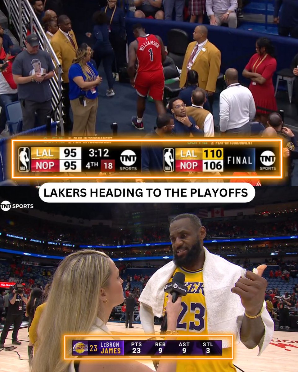 ClutchPoints's tweet photo. The Lakers CLINCH the 7th seed in the West as they hold off the Pelicans in the Play-In game 🔥

LeBron James - 23 pts, 9 reb, 9 ast
D'Angelo Russell - 21 pts, 6 ast, 5 3PT
Anthony Davis - 20 pts, 15 reb, 3 blk

Next up: A rematch with the Denver Nuggets!